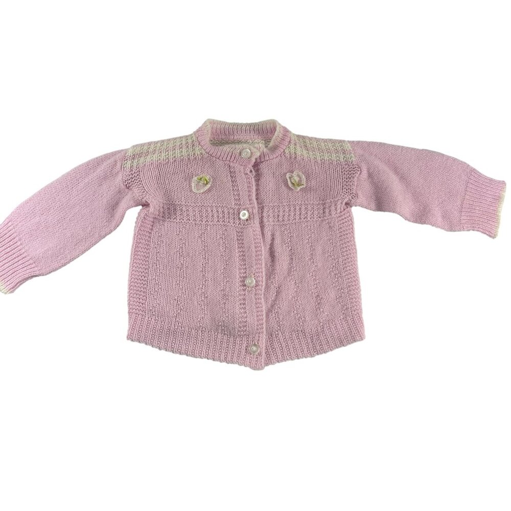 Vintage Pink White Knit Baby Sweater Newborn Doll Jacket Button Front Flaw
